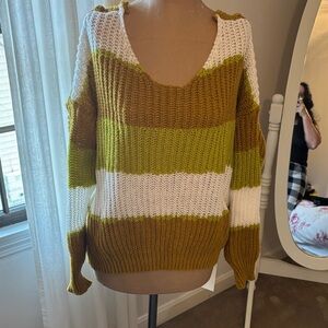 TeenBell V-Neck Sweater - Olive, White, and Brown
